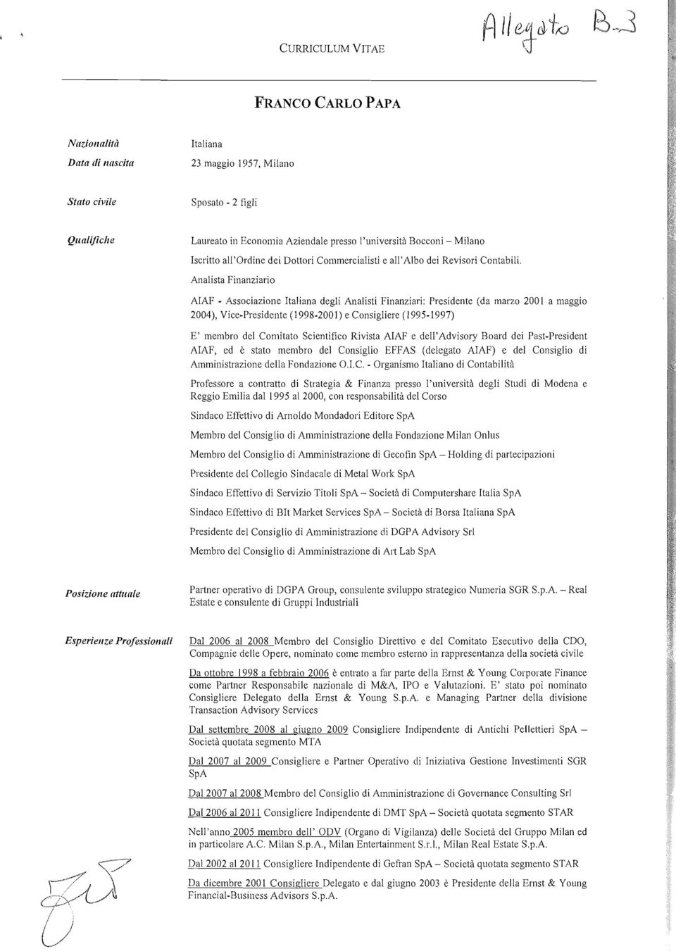 Analista Finanziario AIAF - Associazione Italiana degli Analisti Finanziari: Presidente (da marzo 200 I a maggio 2004), Vice-Presidente (1998-2001) e Consigliere (1995-1997) E' membro del Comitato