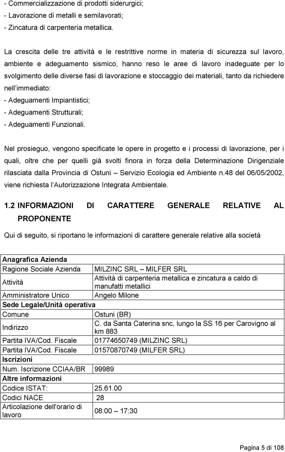 di lavorazione e stoccaggio dei materiali, tanto da richiedere nell immediato: - Adeguamenti Impiantistici; - Adeguamenti Strutturali; - Adeguamenti Funzionali.