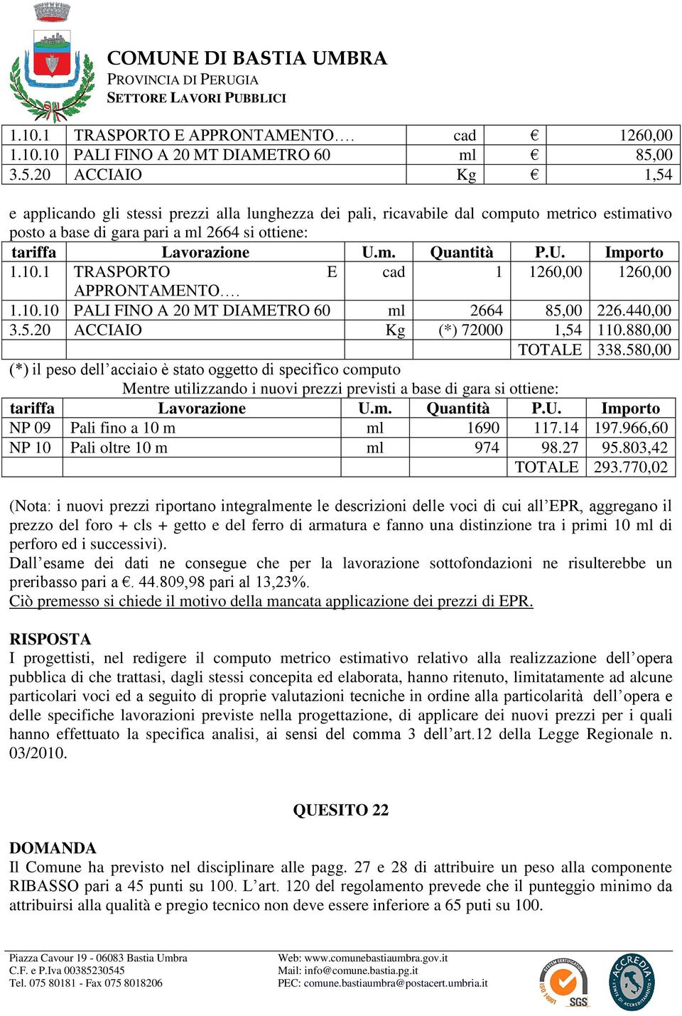 U. Importo 1.10.1 TRASPORTO E cad 1 1260,00 1260,00 APPRONTAMENTO. 1.10.10 PALI FINO A 20 MT DIAMETRO 60 ml 2664 85,00 226.440,00 3.5.20 ACCIAIO Kg (*) 72000 1,54 110.880,00 TOTALE 338.