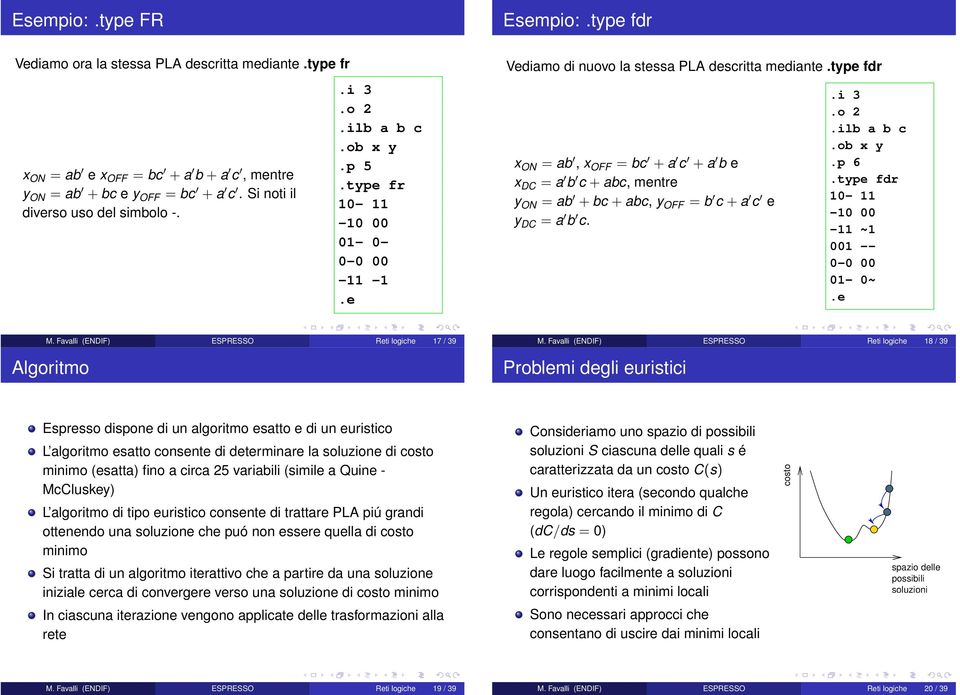 e Vediamo di nuovo la stessa PLA descritta mediante r x ON = ab, x OFF = bc + a c + a b e x DC = a b c + abc, mentre y ON = ab + bc + abc, y OFF = b c + a c e y DC = a b c..i 3.o 2.ilb a b c.ob x y.