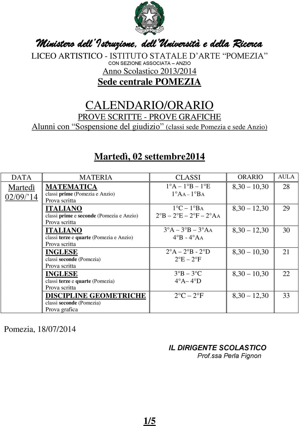 (Pomezia e Anzio) classi terze e quarte (Pomezia) DISCIPLINE GEOMETRICHE 1 C 1 BA 2 B 2 E 2 F 2 AA 3 A 3 B 3 AA 4 B