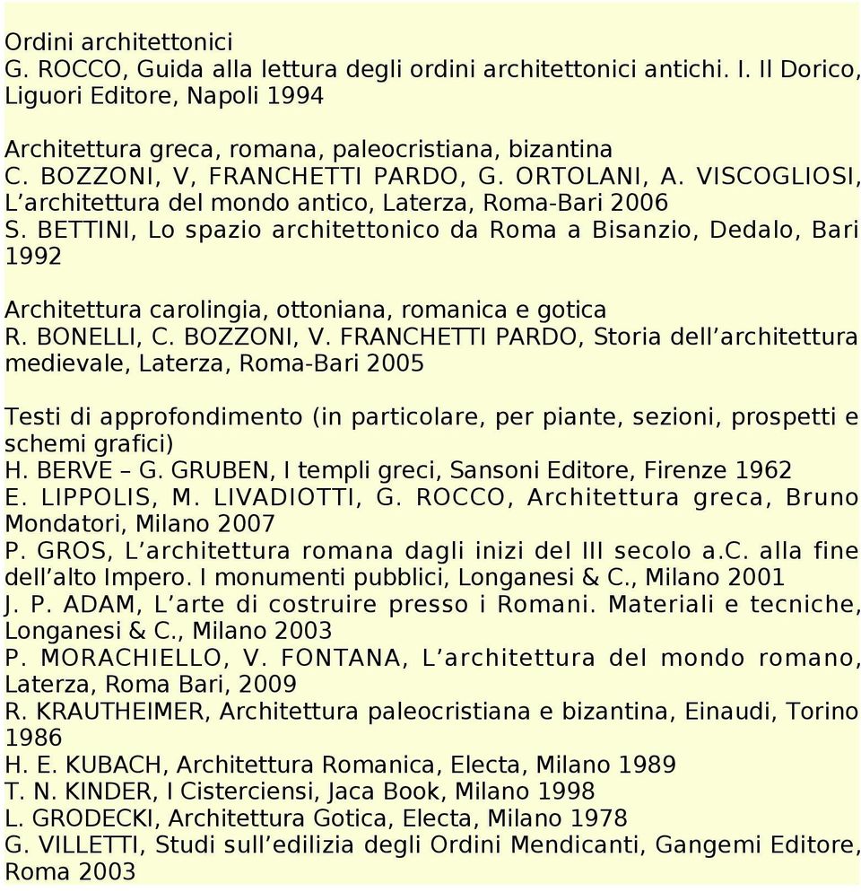BETTINI, Lo spazio architettonico da Roma a Bisanzio, Dedalo, Bari 1992 Architettura carolingia, ottoniana, romanica e gotica R. BONELLI, C. BOZZONI, V.