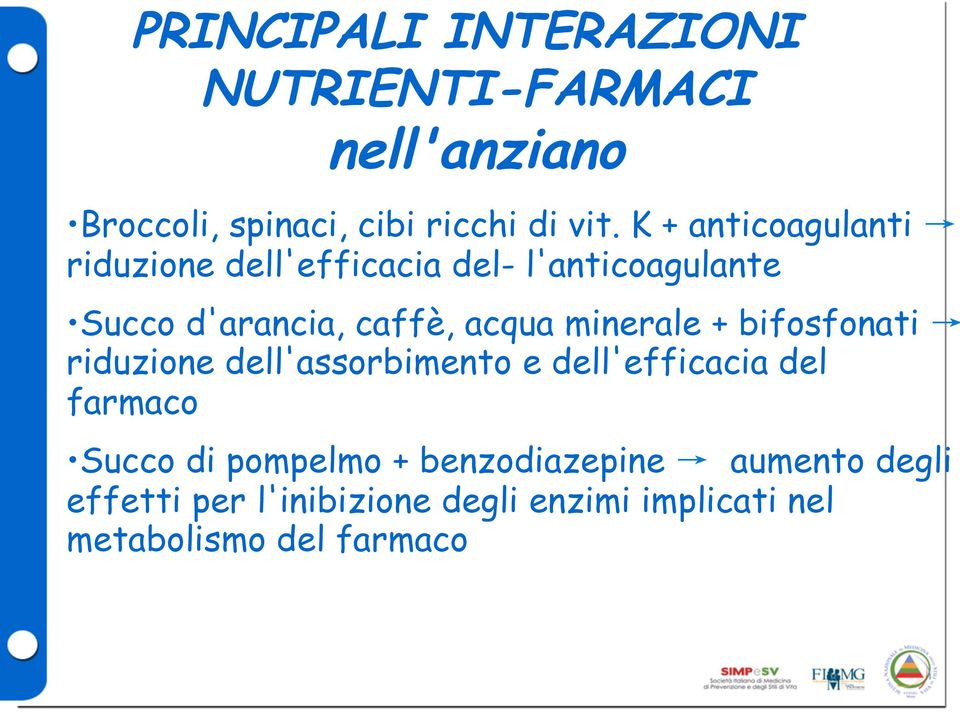 minerale + bifosfonati riduzione dell'assorbimento e dell'efficacia del farmaco Succo di pompelmo