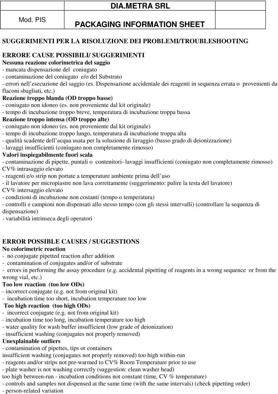 coniugato - contaminazione del coniugato e/o del Substrato - errori nell esecuzione del saggio (es. Dispensazione accidentale dei reagenti in sequenza errata o provenienti da flaconi sbagliati, etc.