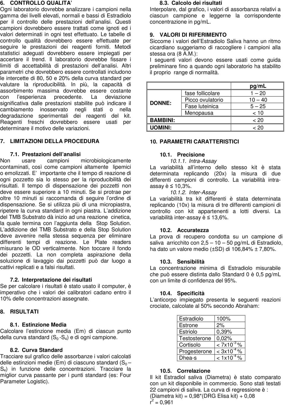 Le tabelle di controllo qualità dovrebbero essere effettuate per seguire le prestazioni dei reagenti forniti. Metodi statistici adeguati dovrebbero essere impiegati per accertare il trend.