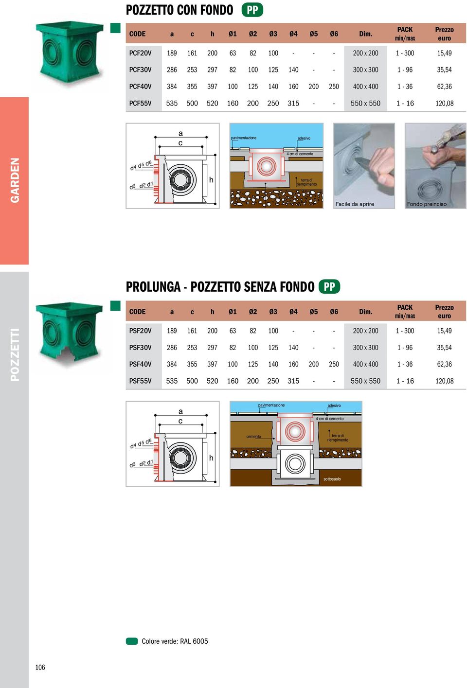 PCF55V 535 500 520 160 200 250 315 - - 550 x 550 1-16 120,08 pvimentzione desivo 4 m di d4 d5 d6 d 3 d2 d1 File d prire Fondo preiniso PROLUNGA - POZZETTO senz fondo CODE Ø1 Ø2 Ø3 Ø4 Ø5 Ø6