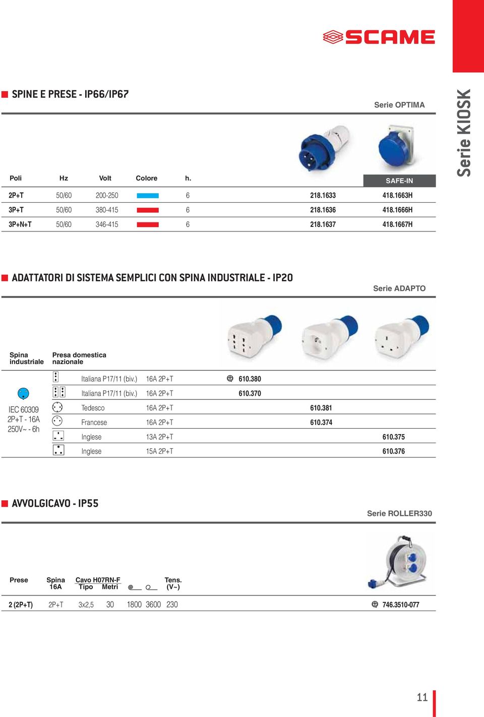 1667H ADATTATORI DI SISTEMA SEMPLICI CON SPINA INDUSTRIALE - IP20 Serie ADAPTO Spina industriale Presa domestica nazionale Italiana P17/11 (biv.) 16A 2P+T i 610.