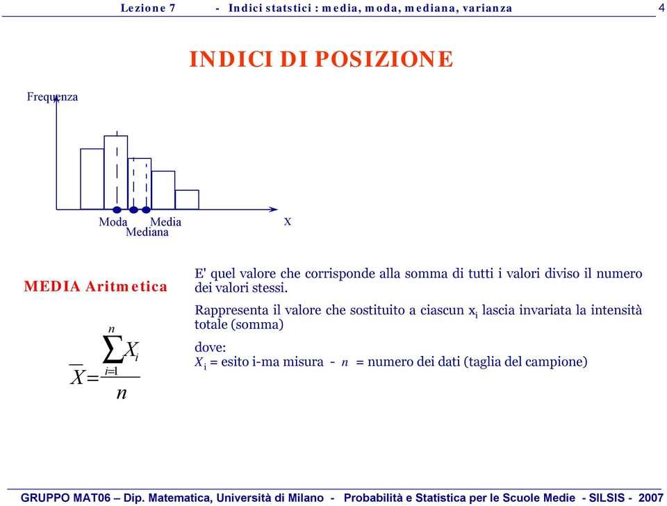 Rappresenta l valore che sosttuto a cascun x lasca nvarata la ntenstà totale (somma) dove: X esto -ma msura - n