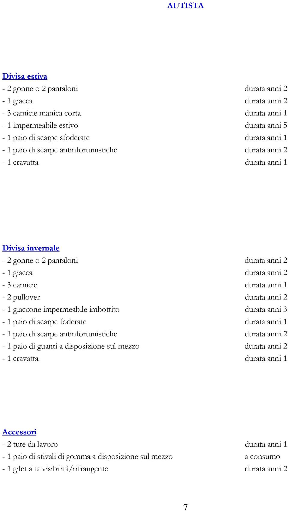 pullover durata anni 2-1 giaccone impermeabile imbottito durata anni 3-1 paio di scarpe foderate durata anni 1-1 paio di scarpe antinfortunistiche durata anni 2-1 paio di guanti a disposizione