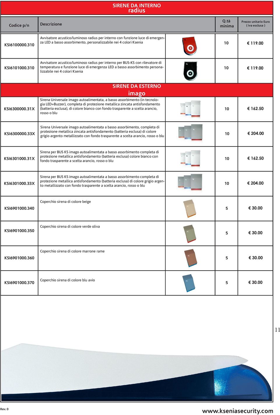 310 Avvisatore acusticoluminoso radius per interno per BUS-KS con rilevatore di temperatura e funzione luce di emergenza LED a basso assorbimento personalizzabile nei 4 colori Ksenia 10 119.