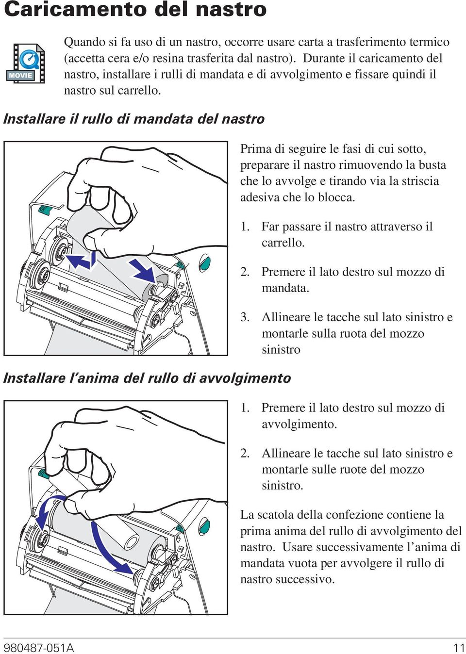 Installare il rullo di mandata del nastro Installare l anima del rullo di avvolgimento Prima di seguire le fasi di cui sotto, preparare il nastro rimuovendo la busta che lo avvolge e tirando via la