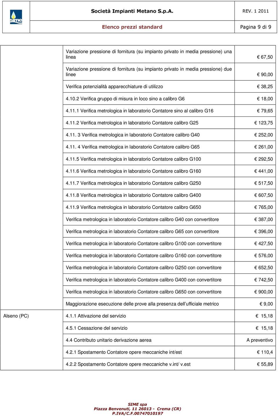 11. 3 Verifica metrologica in laboratorio Contatore calibro G40 252,00 4.11. 4 Verifica metrologica in laboratorio Contatore calibro G65 261,00 4.11.5 Verifica metrologica in laboratorio Contatore calibro G100 292,50 4.