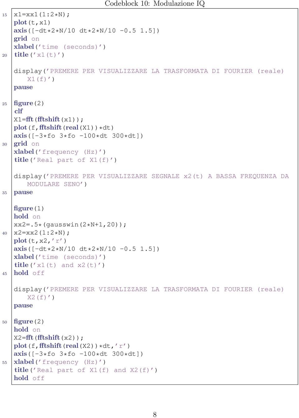 axis([-3*fo 3*fo -100*dt 300*dt]) 30 grid on xlabel( frequency (Hz) ) title( Real part of X1(f) ) display( PREMERE PER VISUALIZZARE SEGNALE x2(t) A BASSA FREQUENZA DA MODULARE SENO ) 35 xx2=.