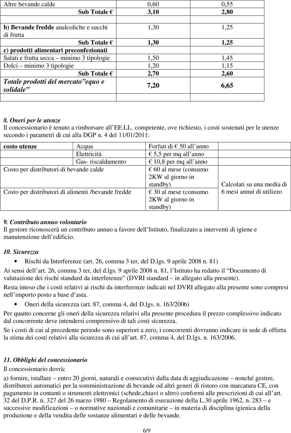 Oneri per le utenze Il concessionario è tenuto a rimborsare all EE.LL. competente, ove richiesto, i costi sostenuti per le utenze secondo i parametri di cui alla DGP n.