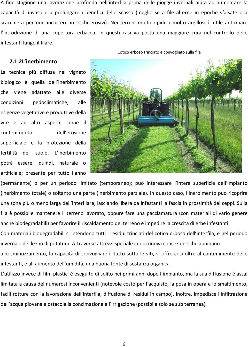 In questi casi va posta una maggiore cura nel controllo delle infestanti lungo il filare. Cotico erboso trinciato e convogliato sulla fila 2.1.