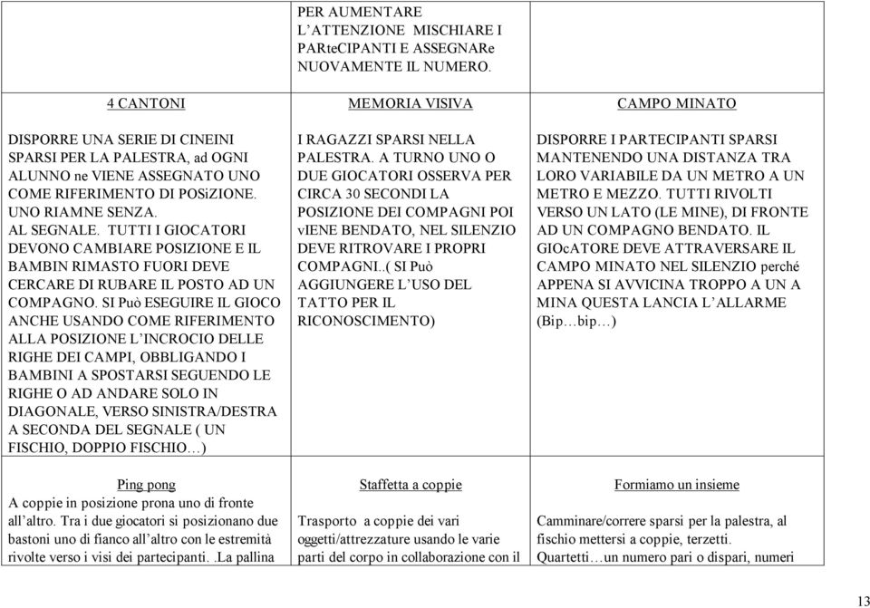 SI Può ESEGUIRE IL GIOCO ANCHE USANDO COME RIFERIMENTO ALLA POSIZIONE L INCROCIO DELLE RIGHE DEI CAMPI, OBBLIGANDO I BAMBINI A SPOSTARSI SEGUENDO LE RIGHE O AD ANDARE SOLO IN DIAGONALE, VERSO