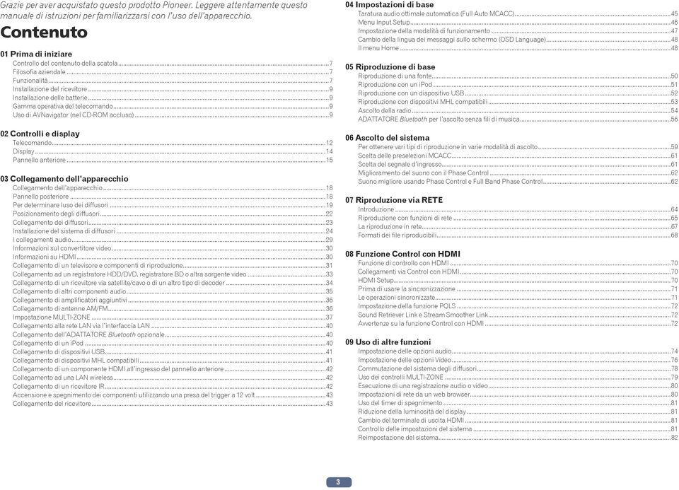 ..9 Gamma operativa del telecomando...9 Uso di AVNavigator (nel CD-ROM accluso)...9 02 Controlli e display Telecomando...12 Display...14 Pannello anteriore.