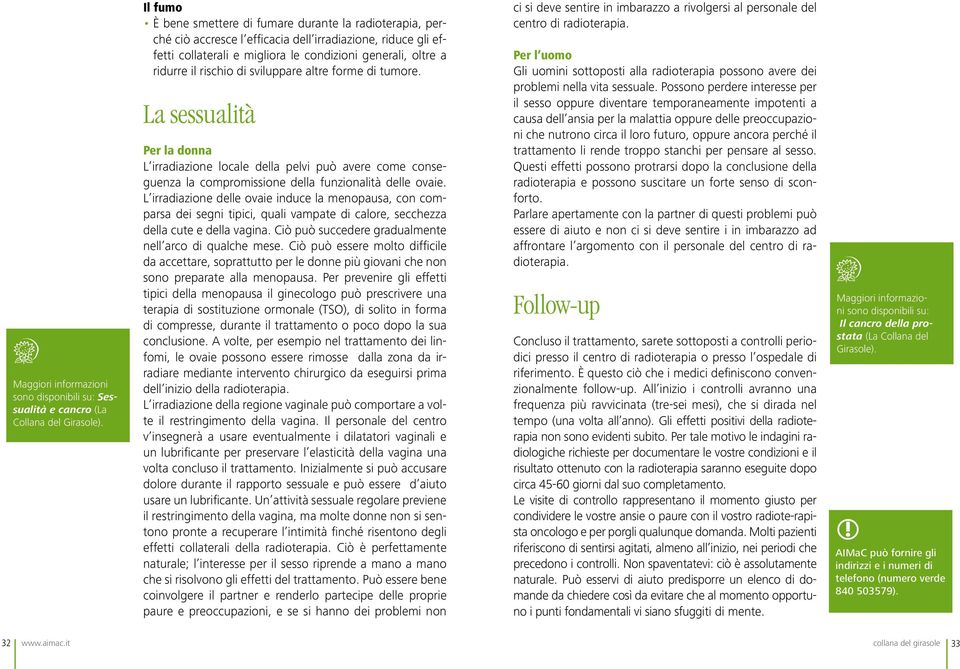 rischio di sviluppare altre forme di tumore. La sessualità Per la donna L irradiazione locale della pelvi può avere come conseguenza la compromissione della funzionalità delle ovaie.