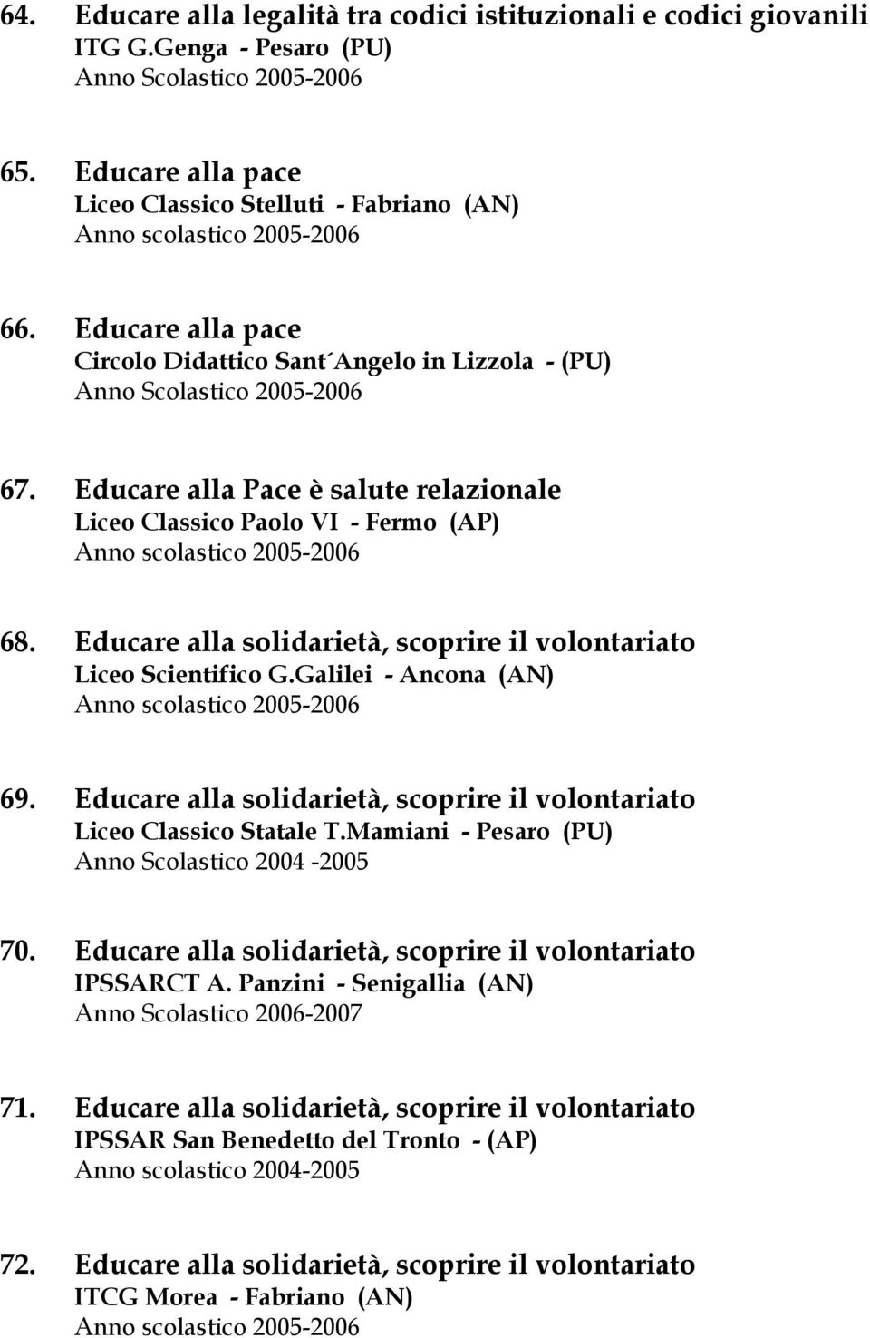 Educare alla solidarietà, scoprire il volontariato Liceo Scientifico G.Galilei - Ancona (AN) 69. Educare alla solidarietà, scoprire il volontariato Liceo Classico Statale T.