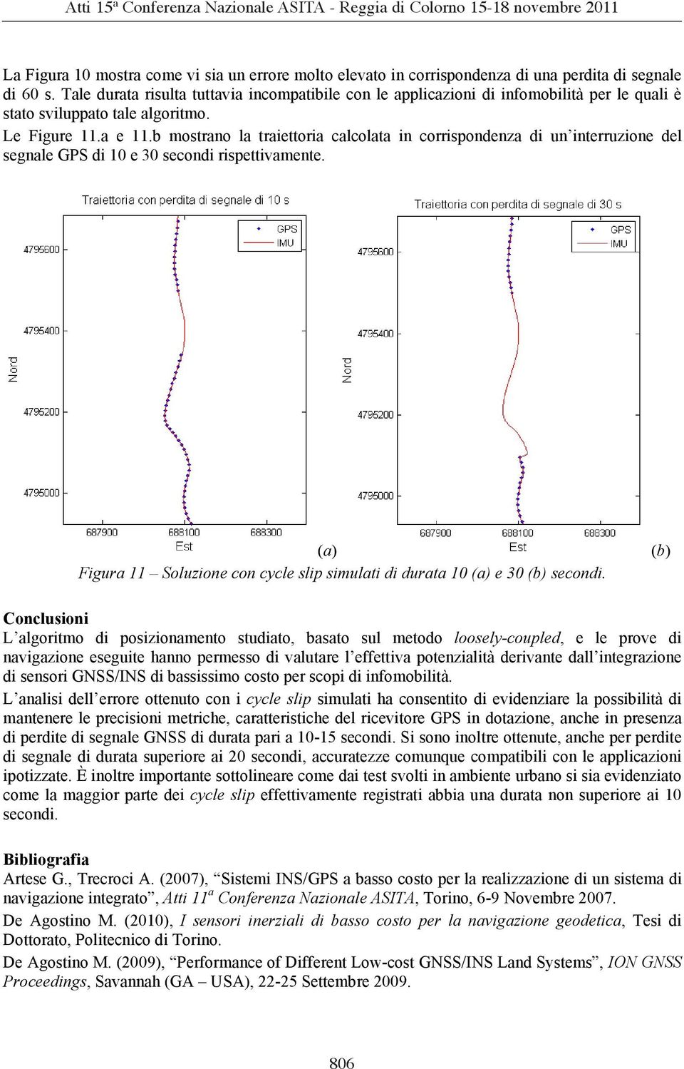 b mostrano la traiettoria calcolata in corrispondenza di un interruzione del segnale GPS di 10 e 30 secondi rispettivamente.