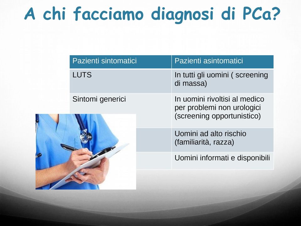 screening di massa) Sintomi generici In uomini rivoltisi al medico per