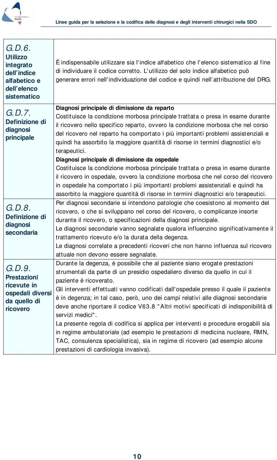 L'utilizzo del solo indice alfabetico può generare errori nell'individuazione del codice e quindi nell attribuzione del DRG. G.D.7. Definizione di diagnosi principale G.D.8.