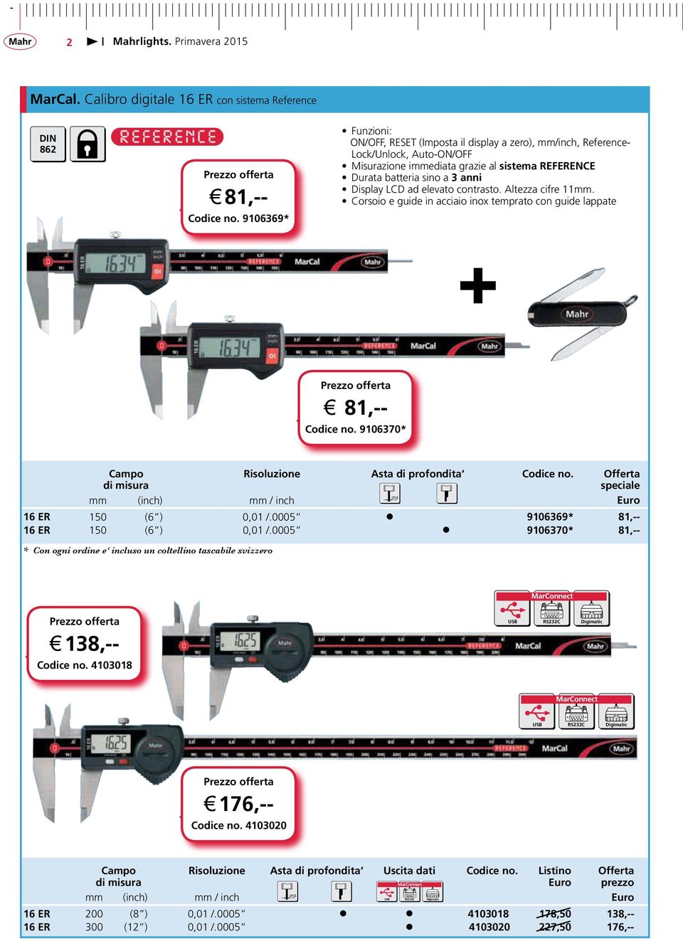 elevato contrasto. Altezza cifre 11mm. Corsoio e guide in acciaio inox temprato con guide lappate + 81,-- Codice no. 9106370* Campo di misura Risoluzione Asta di profondita Codice no.