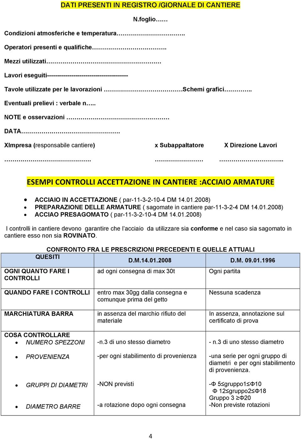 XImpresa (responsabile cantiere) x Subappaltatore X Direzione Lavori... ESEMPI CONTROLLI ACCETTAZIONE IN CANTIERE :ACCIAIO ARMATURE ACCIAIO IN ACCETTAZIONE ( par-11-3-2-10-4 DM 14.01.