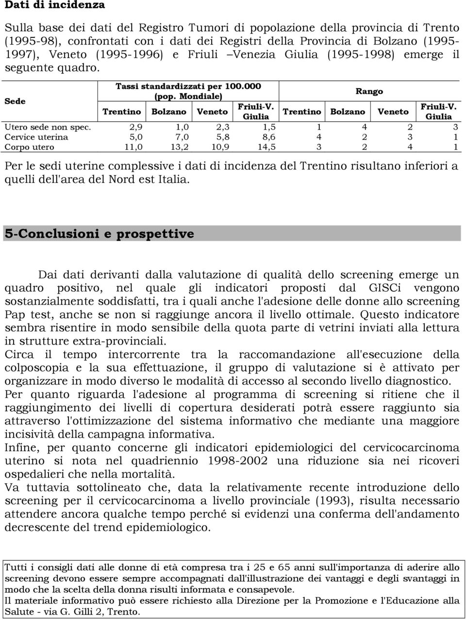 Friuli-V. Trentino Bolzano Veneto Trentino Bolzano Veneto Giulia Giulia Utero sede non spec.