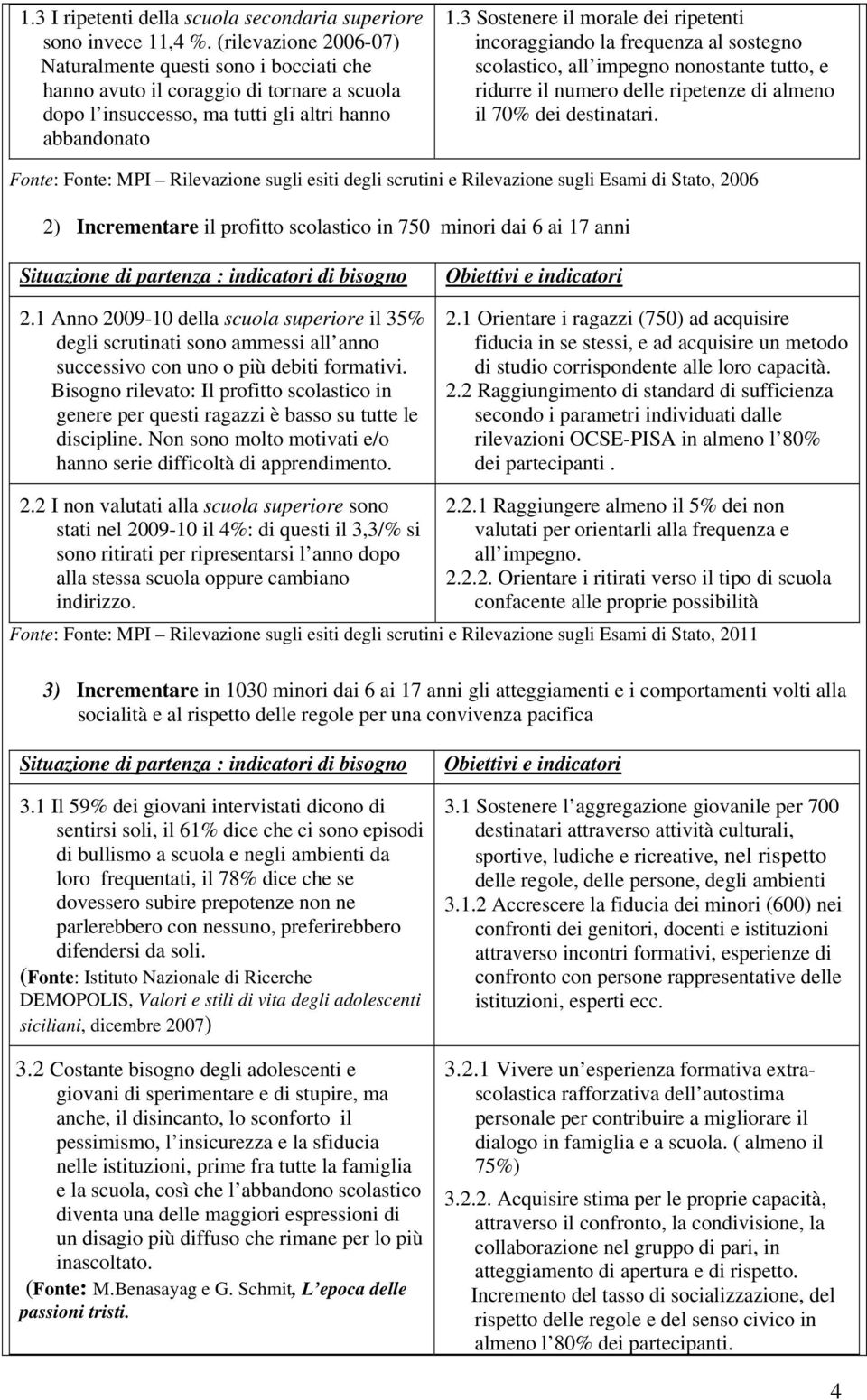 3 Sostenere il morale dei ripetenti incoraggiando la frequenza al sostegno scolastico, all impegno nonostante tutto, e ridurre il numero delle ripetenze di almeno il 70% dei destinatari.