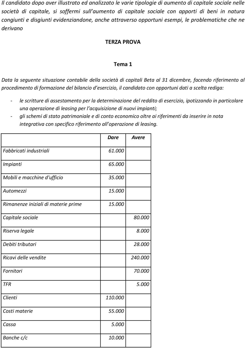 dicembre, facendo riferimento al procedimento di formazione del bilancio d esercizio, il candidato con opportuni dati a scelta rediga: - le scritture di assestamento per la determinazione del reddito