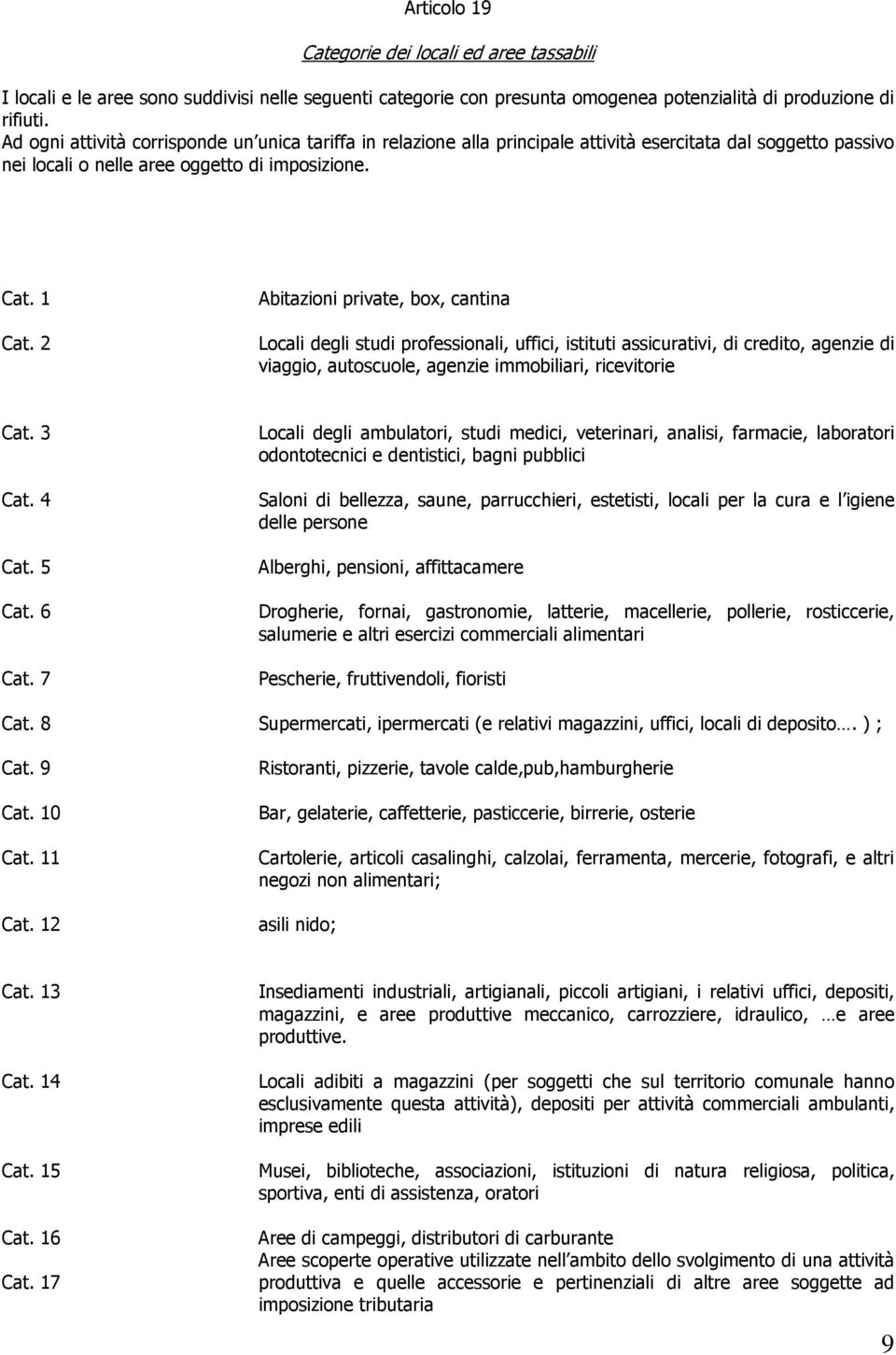 2 Abitazioni private, box, cantina Locali degli studi professionali, uffici, istituti assicurativi, di credito, agenzie di viaggio, autoscuole, agenzie immobiliari, ricevitorie Cat. 3 Cat. 4 Cat.