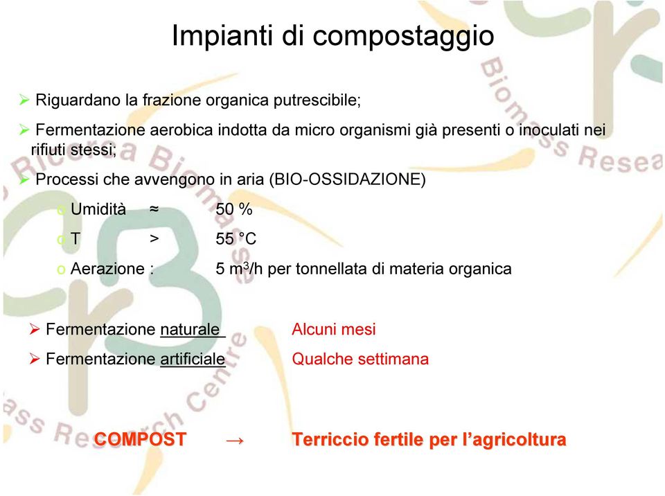 (BIO-OSSIDAZIONE) o Umidità 50 % o T > 55 C o Aerazione : 5 m 3 /h per tonnellata di materia organica