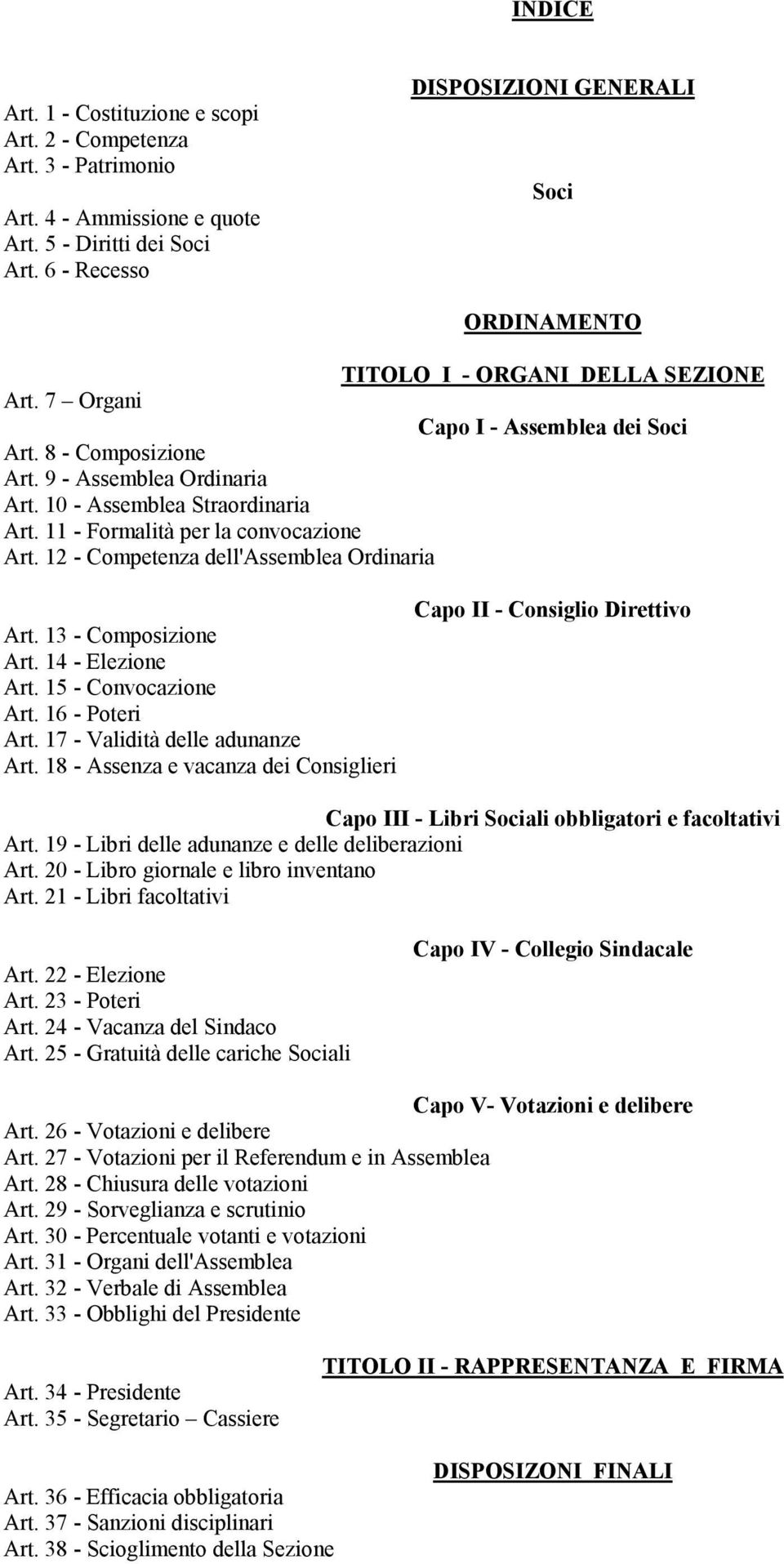 10 - Assemblea Straordinaria Art. 11 - Formalità per la convocazione Art. 12 - Competenza dell'assemblea Ordinaria Art. 13 - Composizione Art. 14 - Elezione Art. 15 - Convocazione Art.