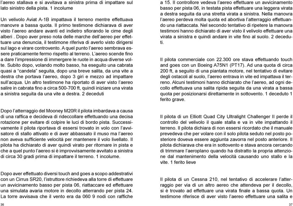 Dopo aver preso nota delle marche dell aereo per effettuare una denuncia, il testimone riferiva di averlo visto dirigersi sul lago e virare controvento.