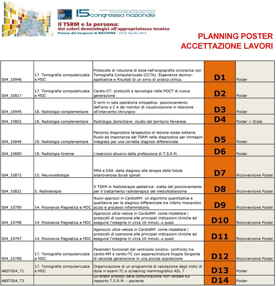 004_10945 18. Radiologia complementare all'intervento chirurgico D3 004_10802 18. Radiologia complementare Radiologia domiciliare: studio del territorio ferrarese D4 + Orale 004_10849 18.