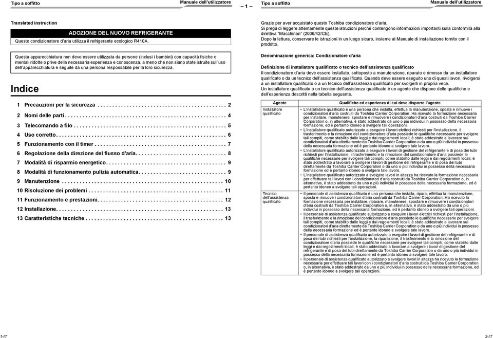 istruite sull uso dell apparecchiatura e seguite da una persona responsabile per la loro sicurezza. Indice Grazie per aver acquistato questo Toshiba condizionatore d aria.