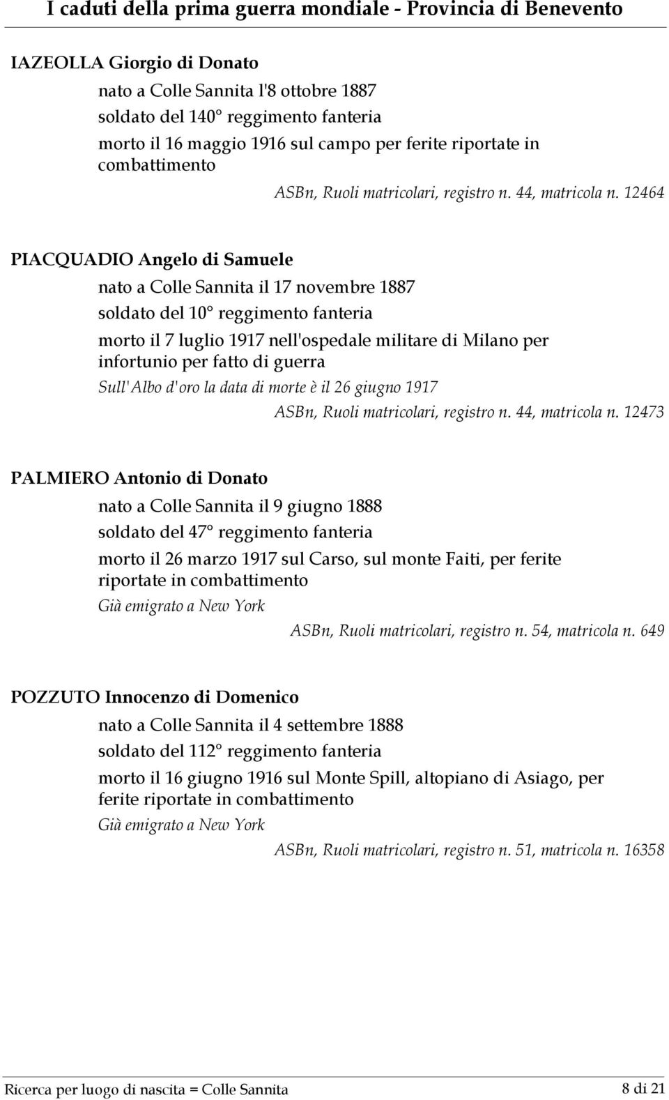12464 PIACQUADIO Angelo di Samuele nato a Colle Sannita il 17 novembre 1887 soldato del 10 reggimento fanteria morto il 7 luglio 1917 nell'ospedale militare di Milano per infortunio per fatto di