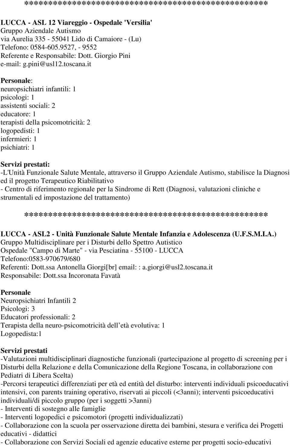 it : neuropsichiatri infantili: 1 psicologi: 1 assistenti sociali: 2 educatore: 1 terapisti della psicomotricità: 2 logopedisti: 1 infermieri: 1 psichiatri: 1 : -L'Unità Funzionale Salute Mentale,