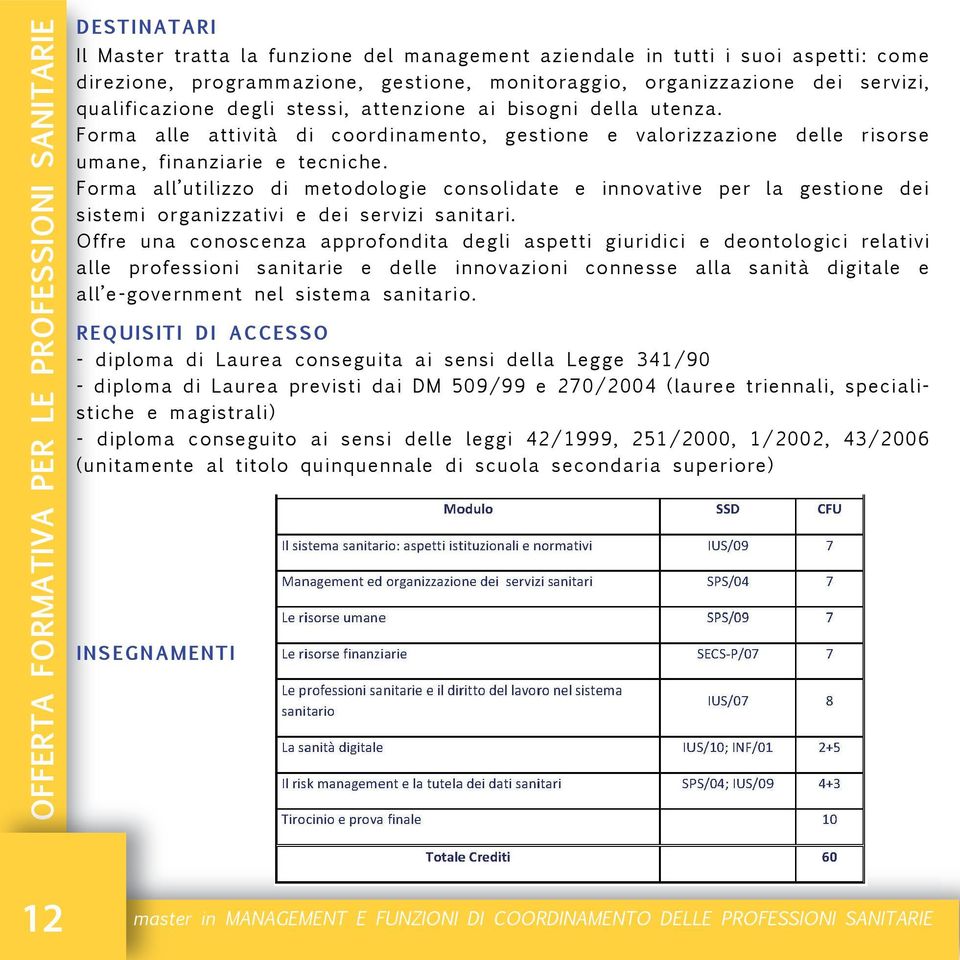 Forma all utilizzo di metodologie consolidate e innovative per la gestione dei sistemi organizzativi e dei servizi sanitari.