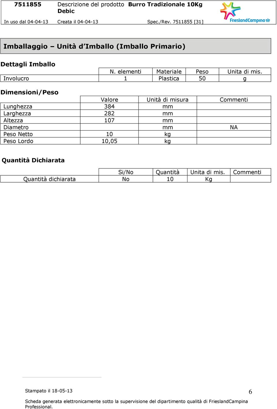 Involucro 1 Plastica 50 g Dimensioni/Peso Valore Unità di misura Lunghezza 384 mm