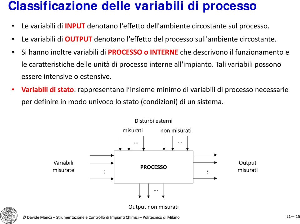 Si hanno inoltre variabili di PROCESSO o INTERNE che descrivono il funzionamento e le caratteristiche delle unità di processo interne all'impianto.