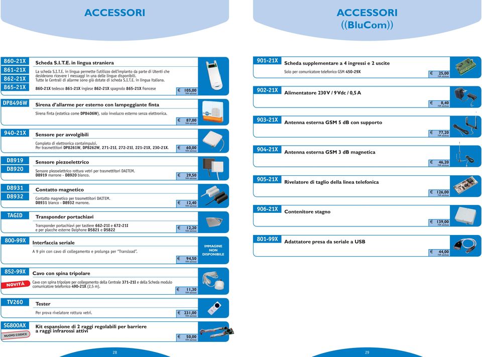 860-21X tedesco 861-21X inglese 862-21X spagnolo 865-21X francese 105,00 901-21X 902-21X Scheda supplementare a 4 ingressi e 2 uscite Solo per comunicatore telefonico GSM 450-29X 25,00 Alimentatore