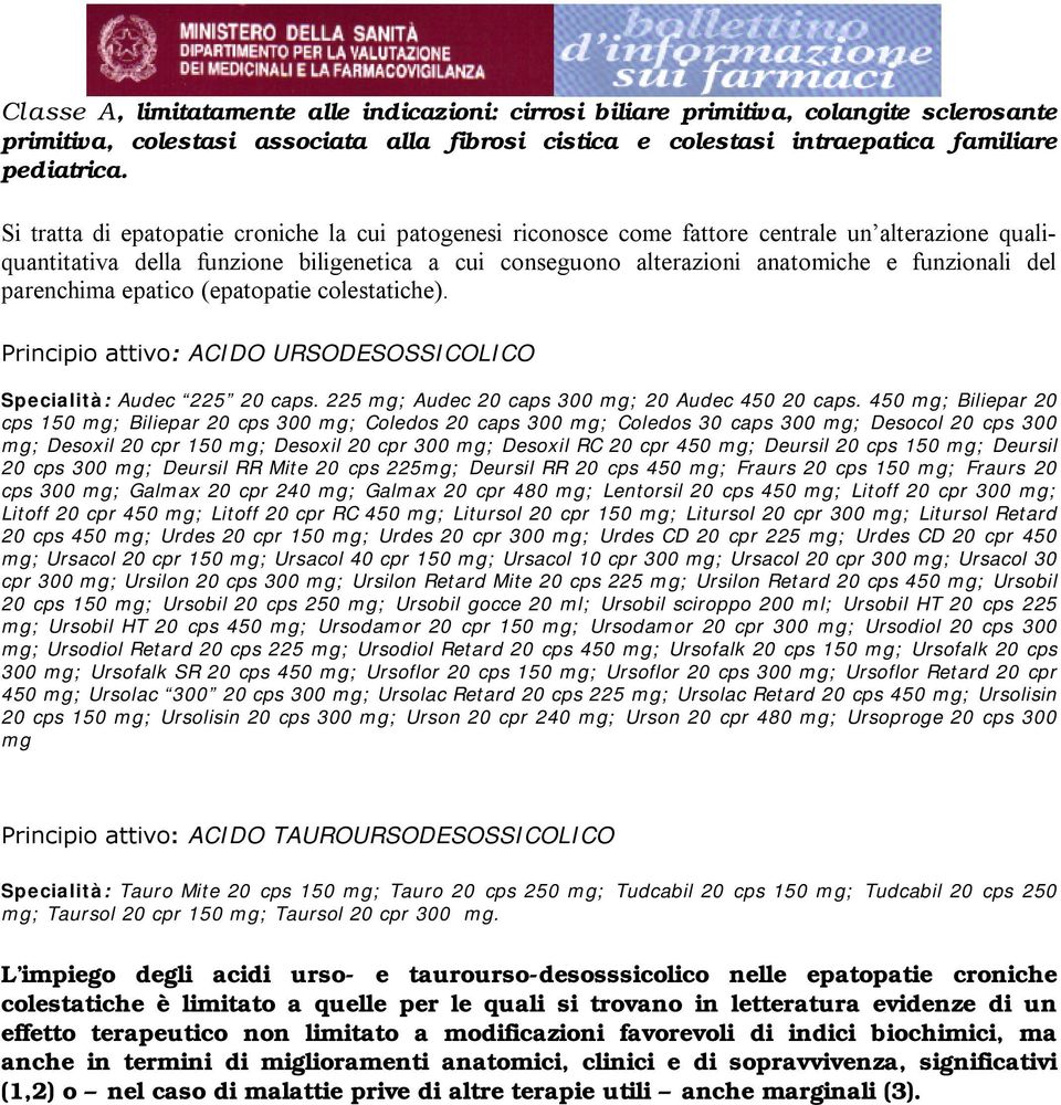 del parenchima epatico (epatopatie colestatiche). Principio attivo: ACIDO URSODESOSSICOLICO Specialità: Audec 225 20 caps. 225 mg; Audec 20 caps 300 mg; 20 Audec 450 20 caps.