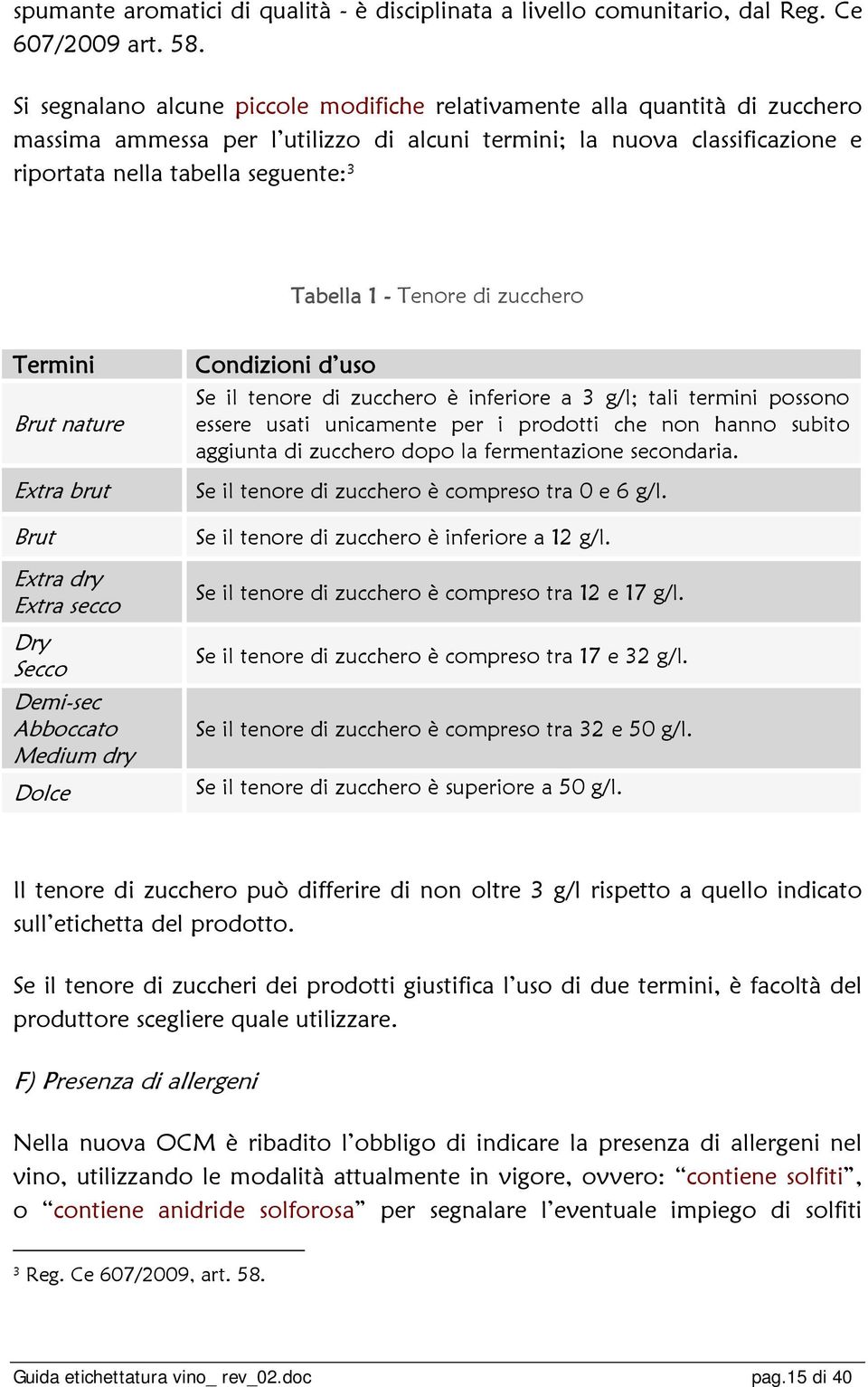 1 - Tenore di zucchero Termini Brut nature Extra brut Brut Extra dry Extra secco Dry Secco Demi-sec Abboccato Medium dry Dolce Condizioni d uso Se il tenore di zucchero è inferiore a 3 g/l; tali