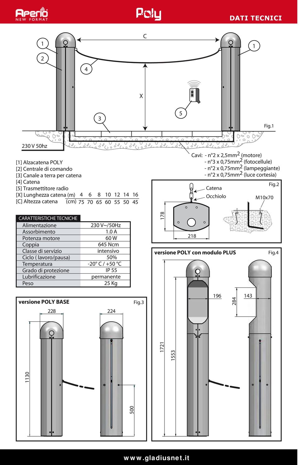 75 70 65 60 55 50 45 Cavi: - n 2 x 2,5mm 2 (motore) - n 3 x 0,75mm 2 (fotocellule) - n 2 x 0,75mm 2 (lampeggiante) - n 2 x 0,75mm 2 (luce cortesia) Catena Occhiolo M10x70 Fig.