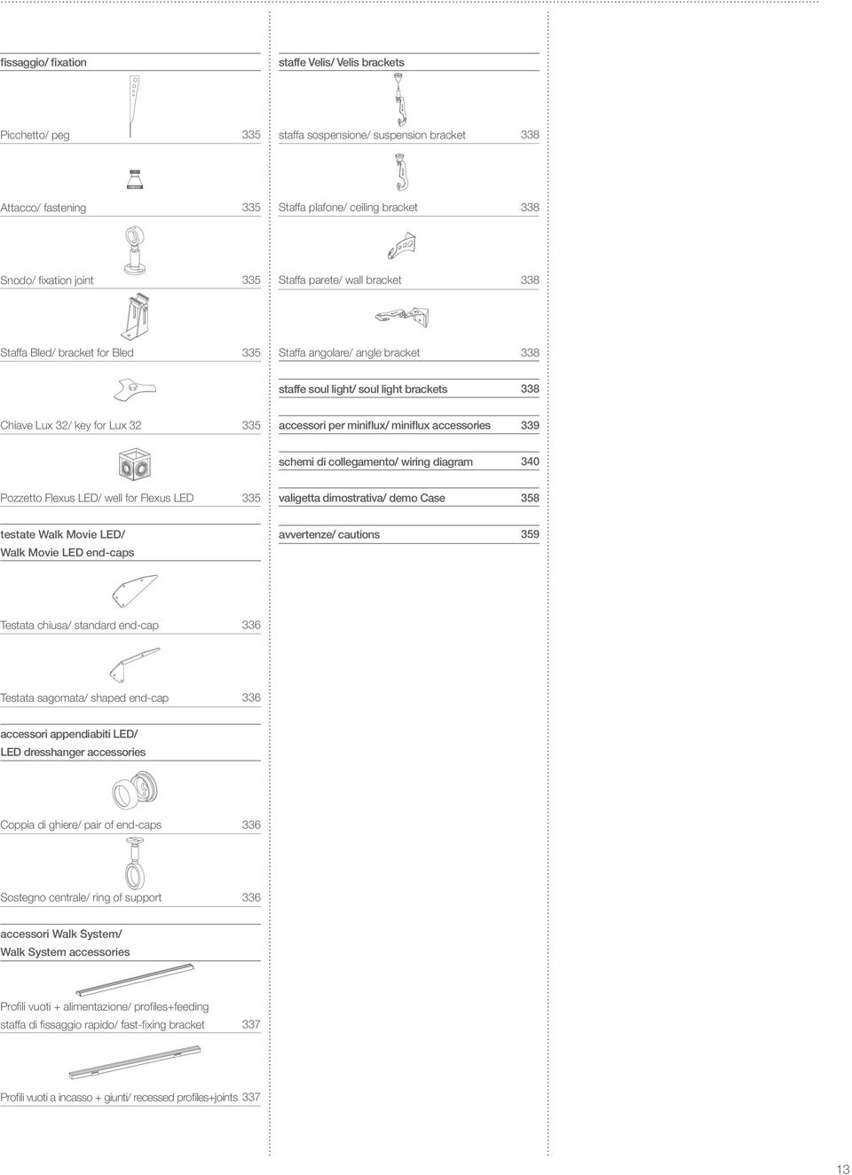 accessories 339 schemi di collegamento wiring diagram 3 Pozzetto Flexus LED well for Flexus LED 335 valigetta dimostrativa demo Case 358 testate Walk Movie LED Walk Movie LED end-caps avvertenze