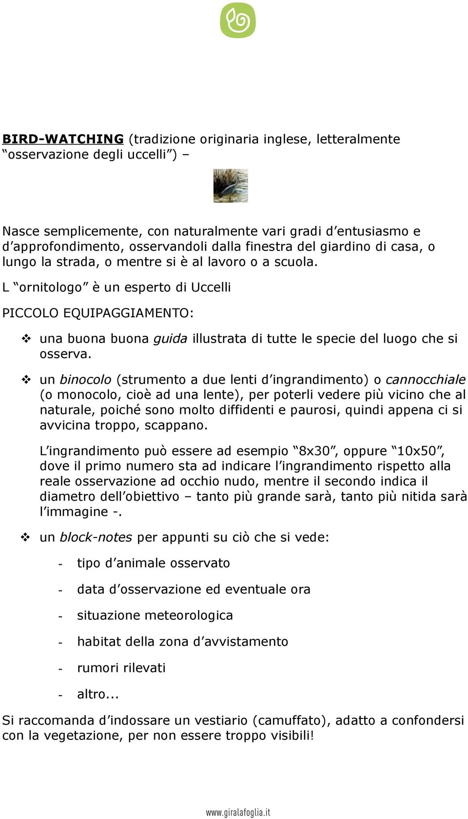 L ornitologo è un esperto di Uccelli PICCOLO EQUIPAGGIAMENTO: una buona buona guida illustrata di tutte le specie del luogo che si osserva.