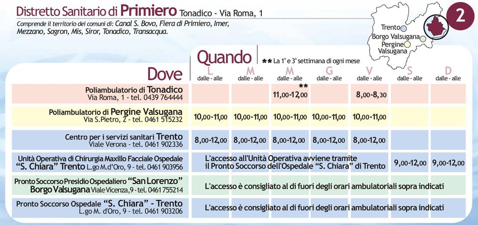 0461 515232 10,-100 00,1 a a a 1 e 3 settimana di ogni mese 11,00-12,00 8,00-8,30 10,-100 00,1 10, 00-1100, 10,-100 00,1 10, 00-1100, Borgo alsugana Pergine alsugana 2 iale erona - tel.