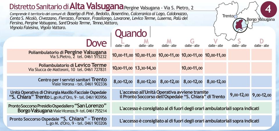 Poliambulatorio di Pergine alsugana ia.pietro, 2 tel. 0461 515232 Poliambulatorio di evico Terme ia lucca de atteoni, 10 tel.